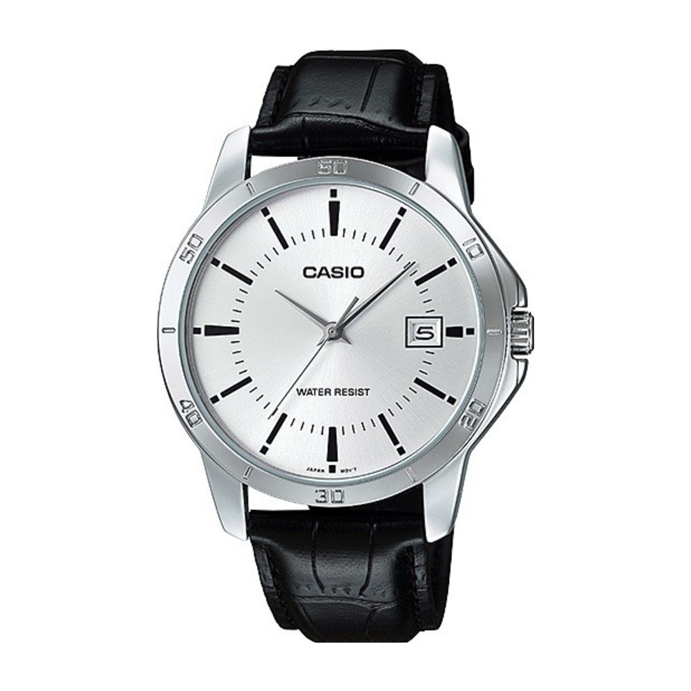 שעון Casio לגבר, לוח כסוף ורצועת עור שחורה