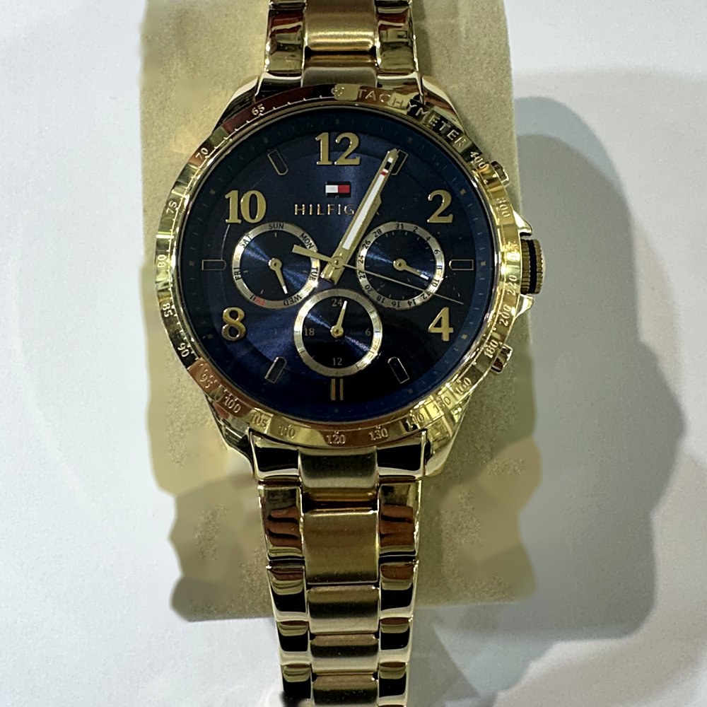 שעון Tommy Hilfiger מולטי-פונקציה לגבר, זהב ולוח כחול