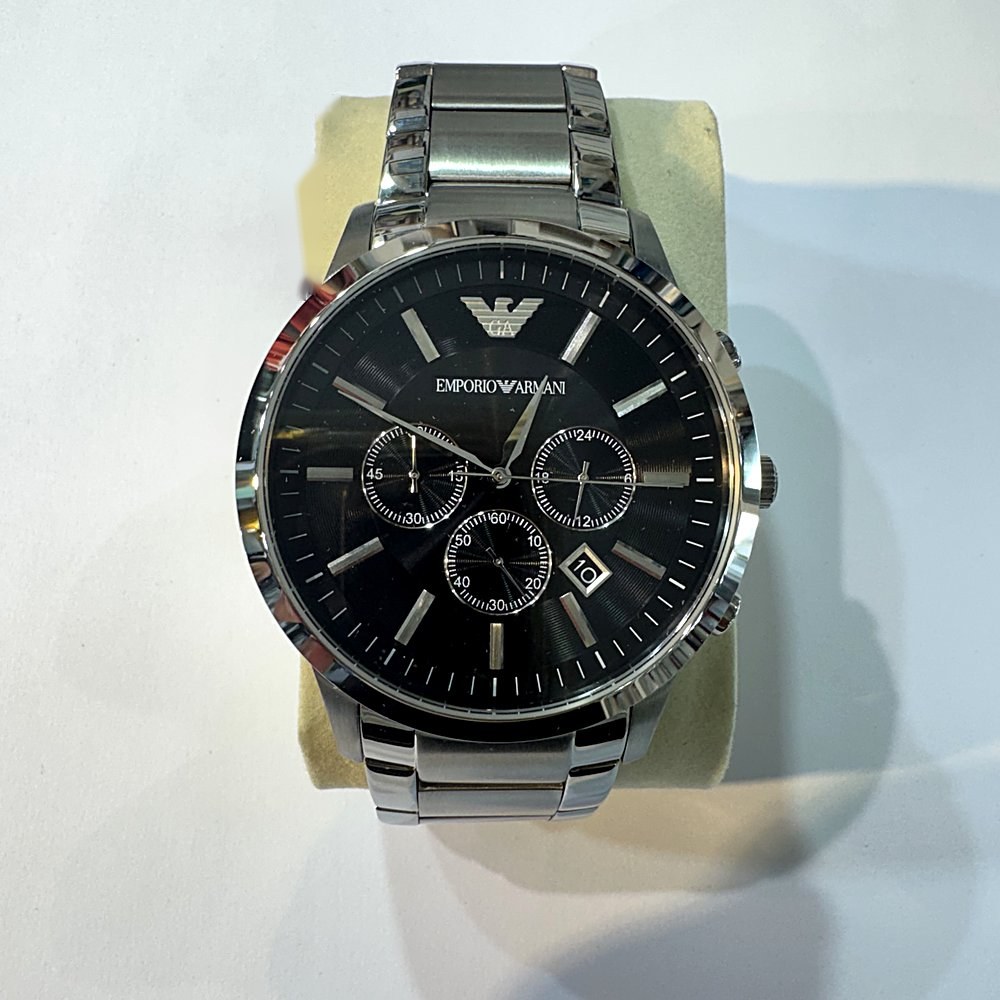 שעון Emporio Armani כרונוגרף לגבר, לוח שחור ורצועת פלדה